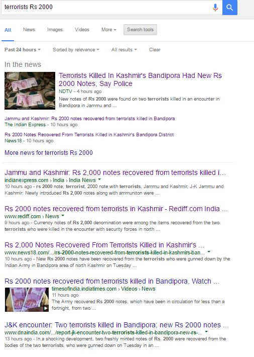 Google News search results for terrorists with new 2000 rupees notes
