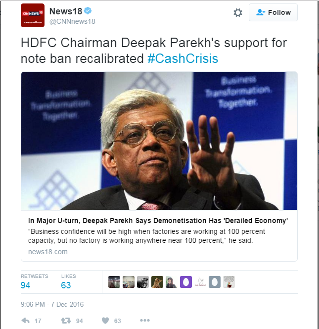 Screenshot of the News18 tweet over Deepak Parekh